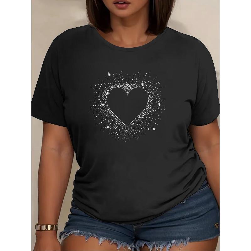 

European Size Heart Printed T-shirt, Casual Loose Short-sleeved Shirt, T-shirt, Women s Clothing, Round-neck T-shirt 4XL чорний
