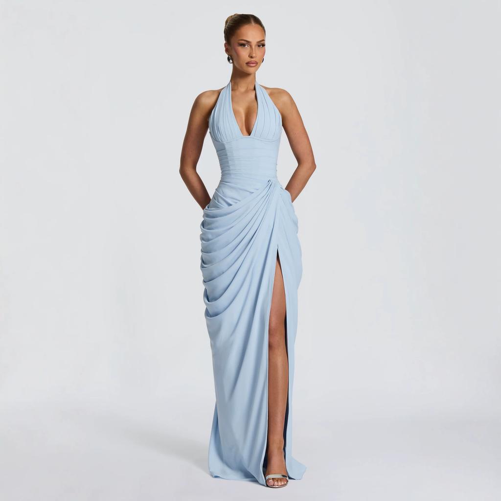 European and American Sexy Dresses, Deep V Neck Dresses, Slim-fitting Pleated High-split Dresses, High-end Sense