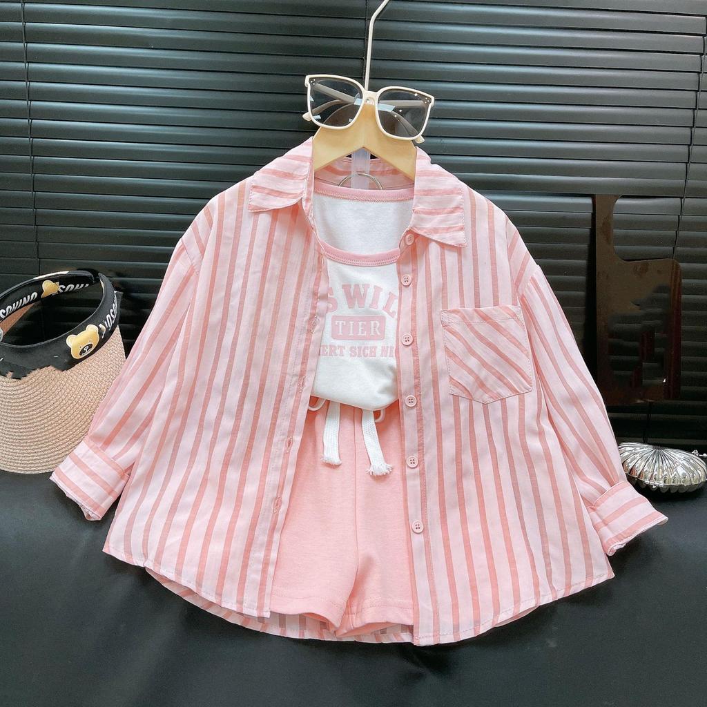 Girls Summer Casual Cute Suit Middle and Big Kids Fresh Sunscreen Top + Shorts Set