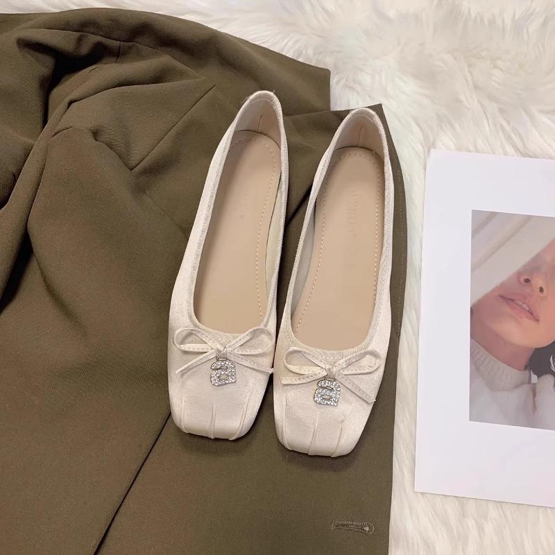 Fashion Flat Shoes for Women Spring  Autumn 2024 New Square Toe Silk Shallow Bow  Scoop Shoes Large Size 42 43 44  Ladies Shoes Women