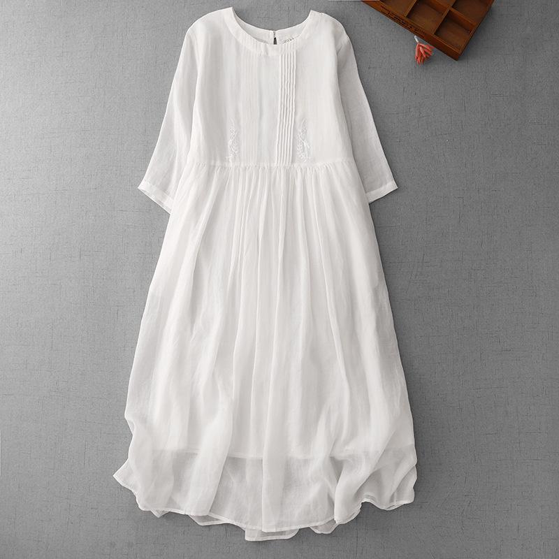 Artistic White Cotton Linen A-line Skirt Dress with Embroidery – Fairy Style for Women Large