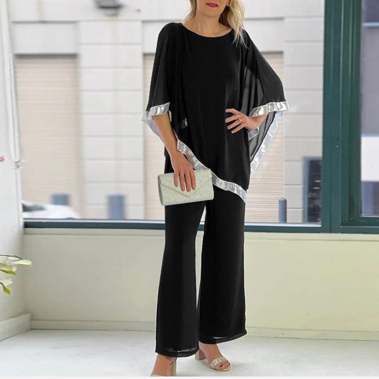 2025 Autumn Sequin Batwing Top & Wide Leg Pants Set - Round Neck, Two-Piece Ensemble