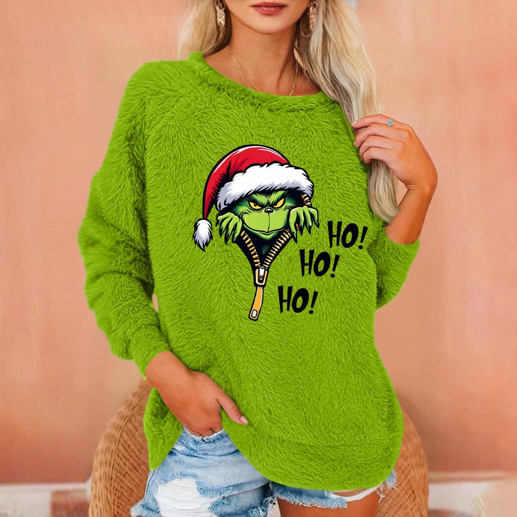 Damen Modischer Rundhals Langarm Weihnachts-Print Lockerer Plüsch Warmer Pullover
