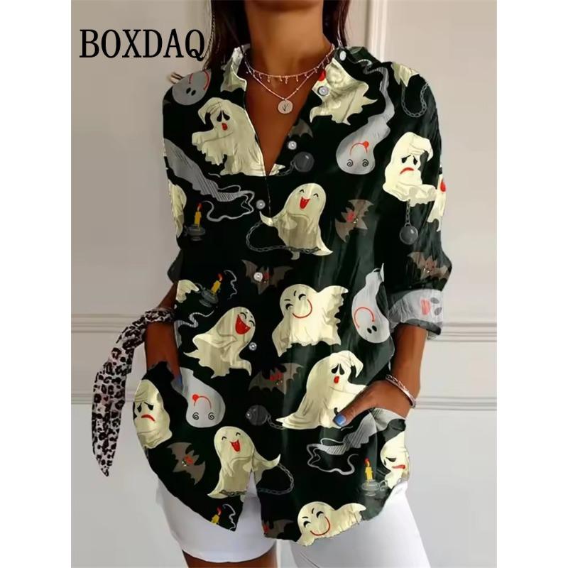 Women's Halloween 3D Witch Bat Print Blouse 2025 Autumn Fashion Long Sleeve Tops Trendy Loose Casual Lapel Party Shirts