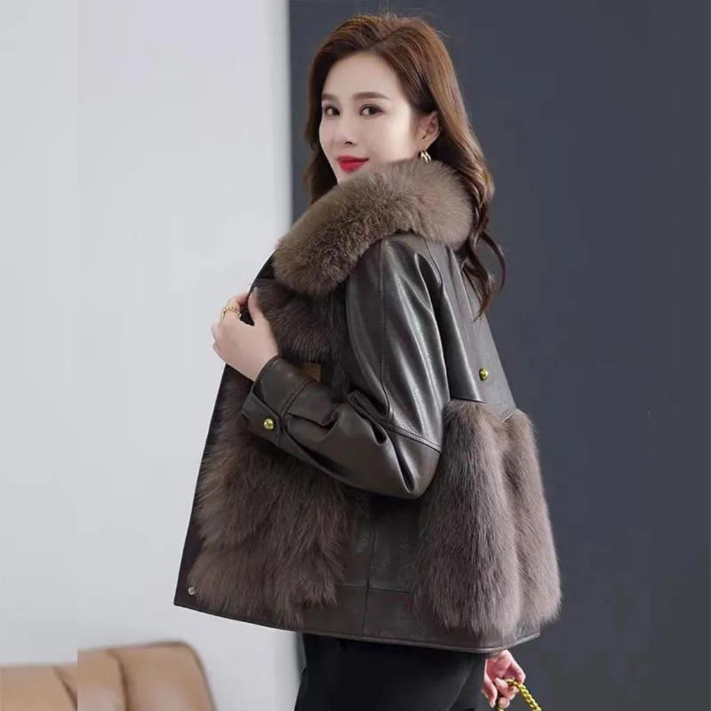 Women's Winter Fleece Lined Faux Leather Jacket, Loose Fit Parka Coat with Fur Collar