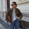 Women's Lapel Long Sleeve Oversized Zip Up Faux Suede Bomber Jacket Casual Outerwear Coat