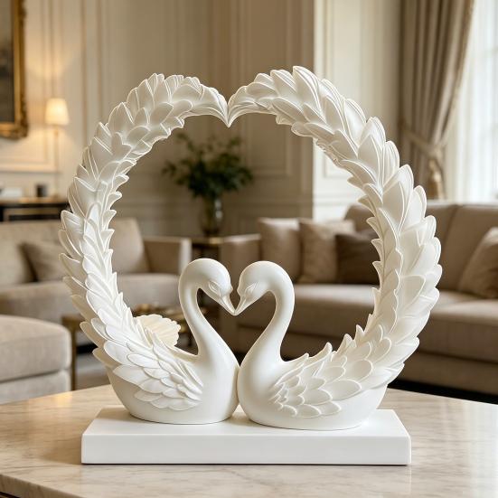 3D Printed Heart Shape Swan Couple Figurine, Romantic Love Statue for Wedding Women Couple Wife, Modern Style Decor for Shelf Office Living Room