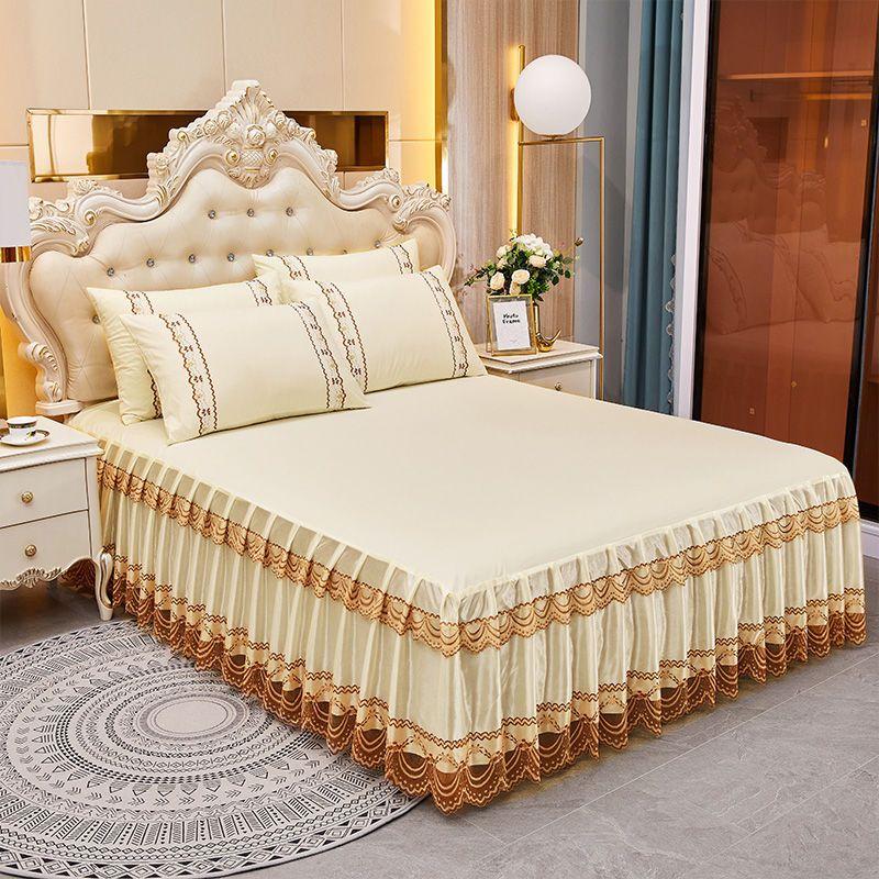 3pcs Set Soft Lace Bed Skirt King Queen Size Bedspread Solid Color Luxury Princess Romantic Bed Spread with Pillowcase