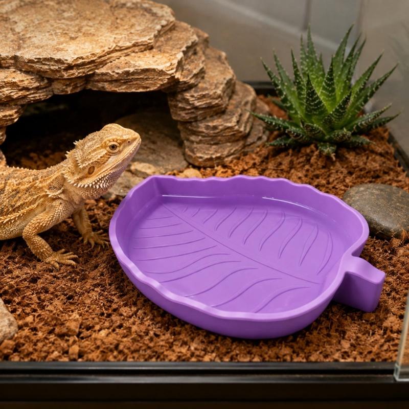 Molded Plant-Form Bowl Pair for Small Herps, Textured Plastic Dishes with Open Interiors for Food or Drinking Water