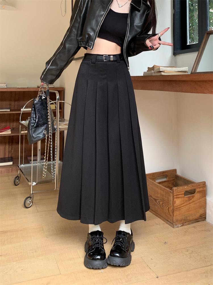 Vintage College Woolen Pleated Skirt Women's Autumn and Winter High Waist Skirt Versatile Umbrella Skirt Medium and Long Skirt