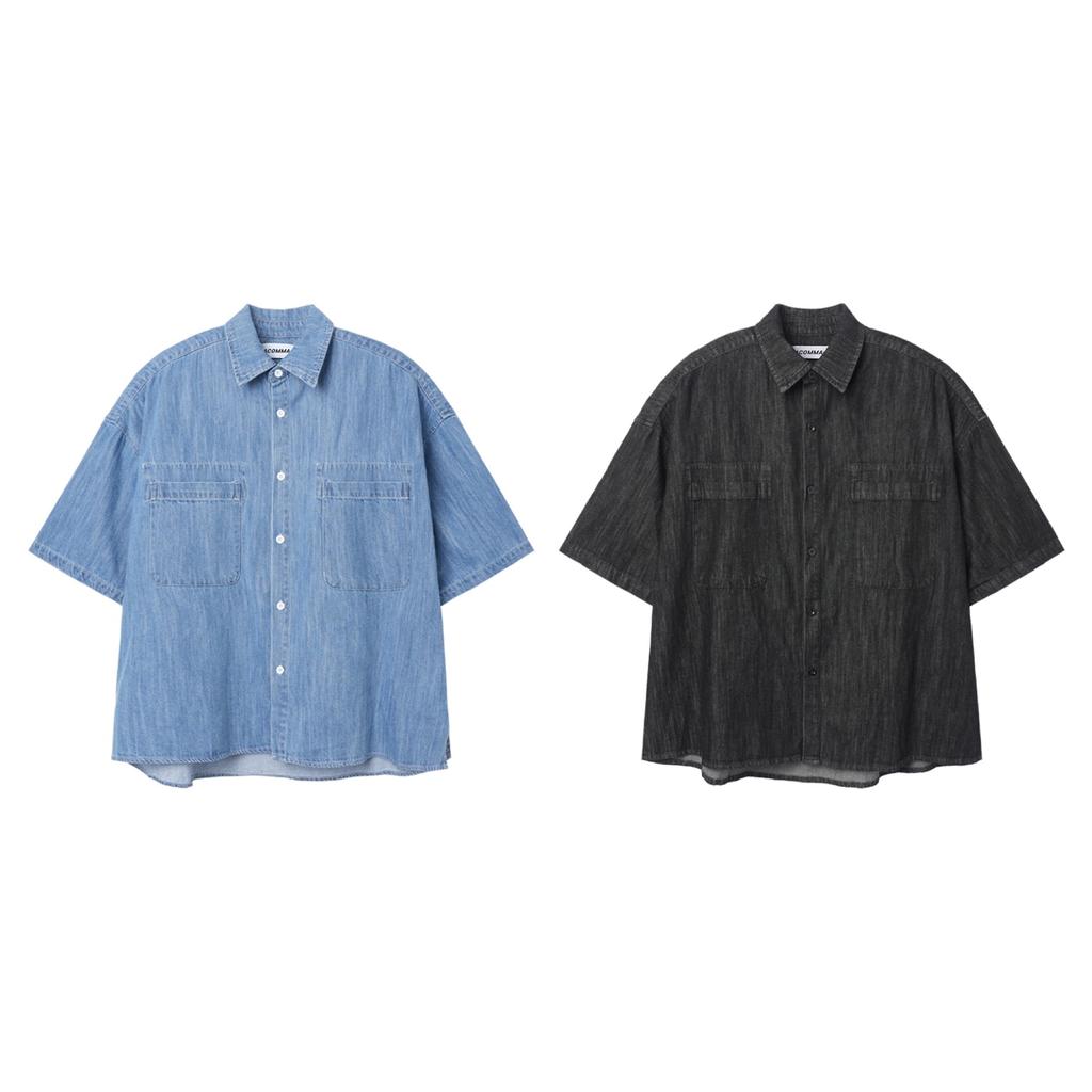 APOSTROPHE COMMA [Set] Two-Pocket Linen Denim Short Sleeve Shirt + Half Pants_Dark Blue