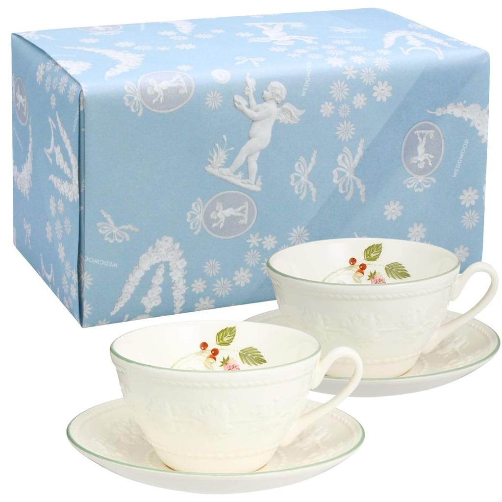 Wedgwood Official Wedding Gift Festivity Raspberry Pair Teacup Wedding Gift for the Bride and Officially Imported Wrapping & Saucer, 250ml,