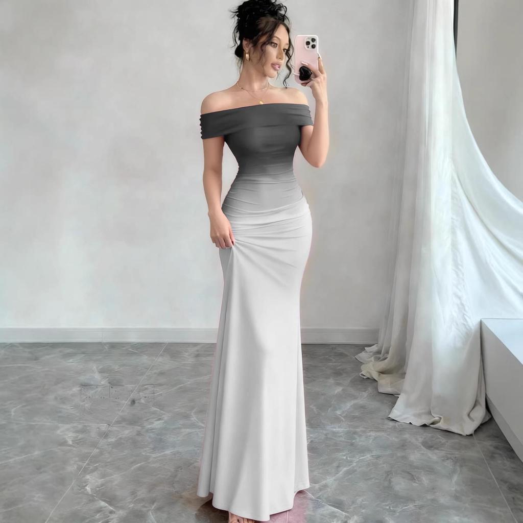 European-American Gradient One-Shoulder Bodycon Maxi Dress