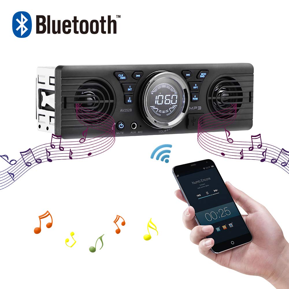 PolarLander Radio auto universal 1-Din 12V în bord cu stereo cu 2 difuzoare încorporate, radio FM, port USB/card TF și Bluetooth [Radio FM 76-108MHz]