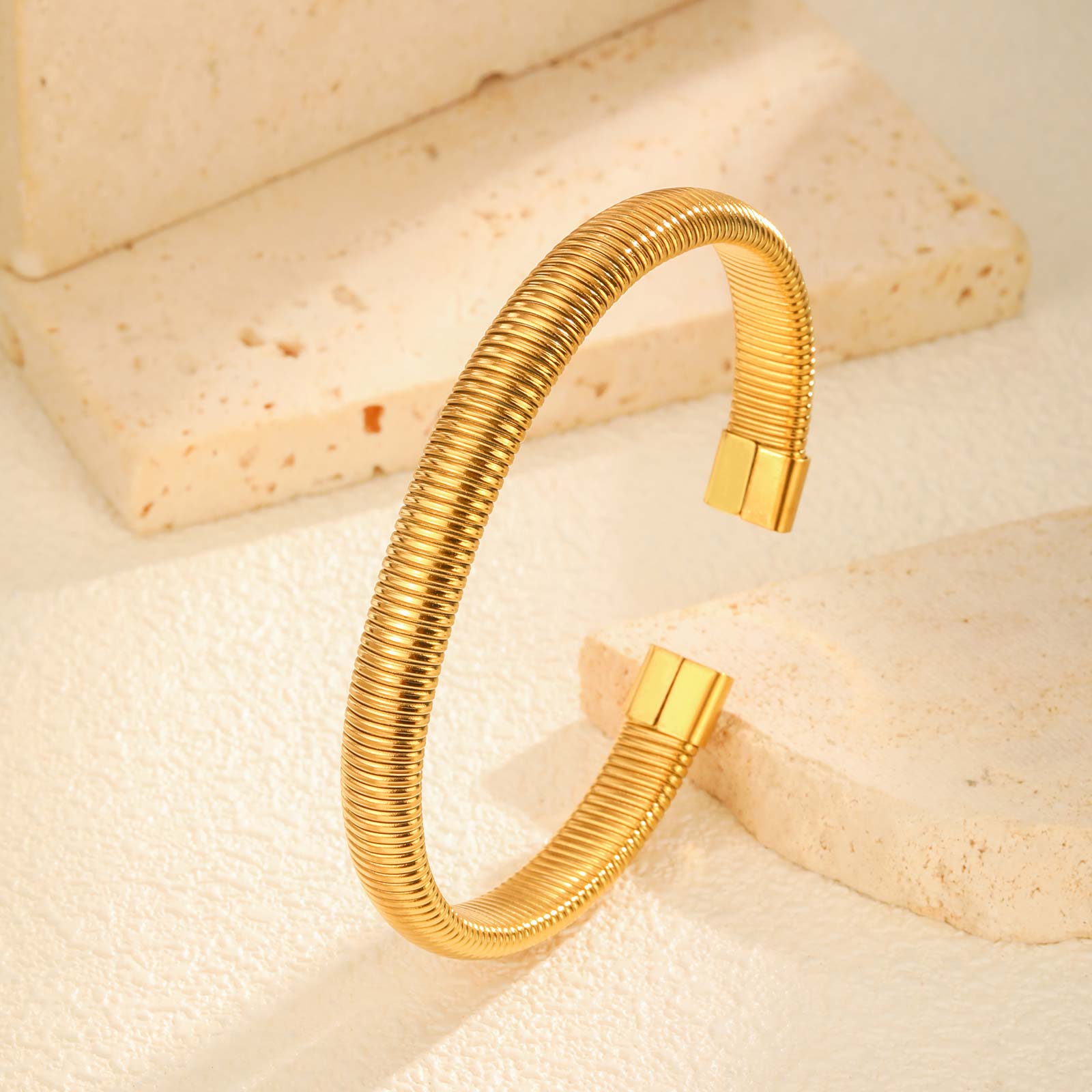 

Stainless Steel Elastic Opening Bracelet for Women,Gold Color Waterproof Stripe Bangle Bracelets,Classic Jewelry Gifts