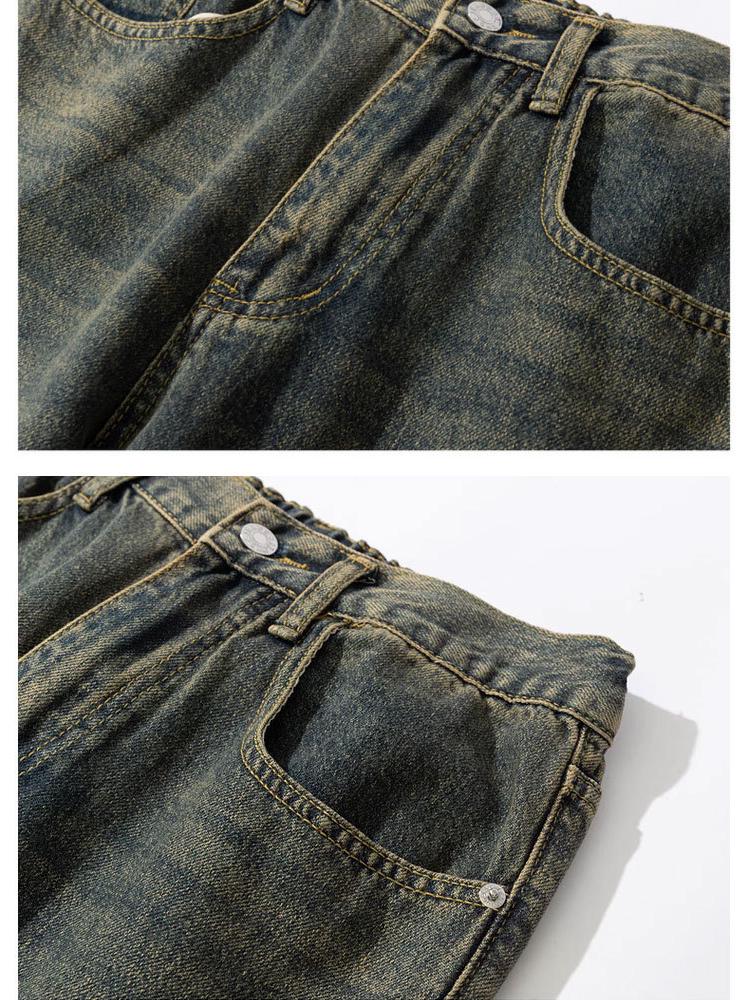 Męskie jeansy retro o luźnym kroju z prostą nogawką - japoński trend prania w żółtym błocie