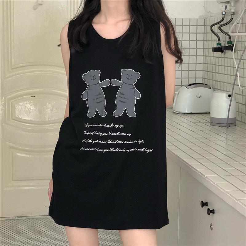 Summer sleeveless crew neck sexy medium and long vest girl bear print t-shirt suspender dress student top S чёрный