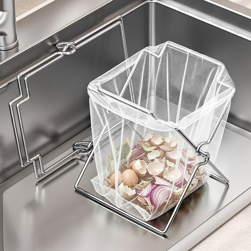 Collapsible Stainless Steel Garbage Bag Holder, Kitchen Countertop Trash Bag Support Rack, Portable Storage Organizer Stand