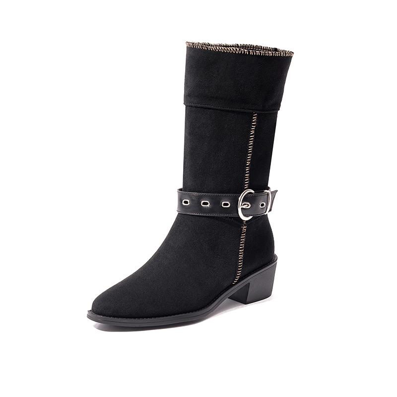 Suede Mid-Tube Boots Autumn New Pointed Toe Sleeve Belt Buckle Soft Sole Non-Slip Block Heel Skinny Boots
