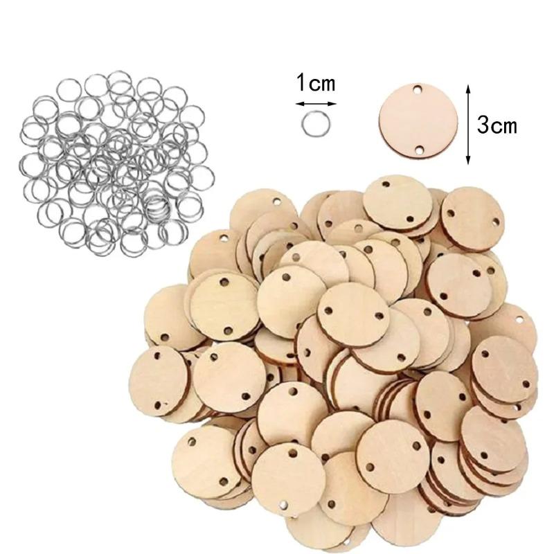 50 Pieces Wood Tags Round Heart Shaped Wooden Discs with 2 Holes and 50 Pieces Rings for Birthday Board Calendar DIY Crafts