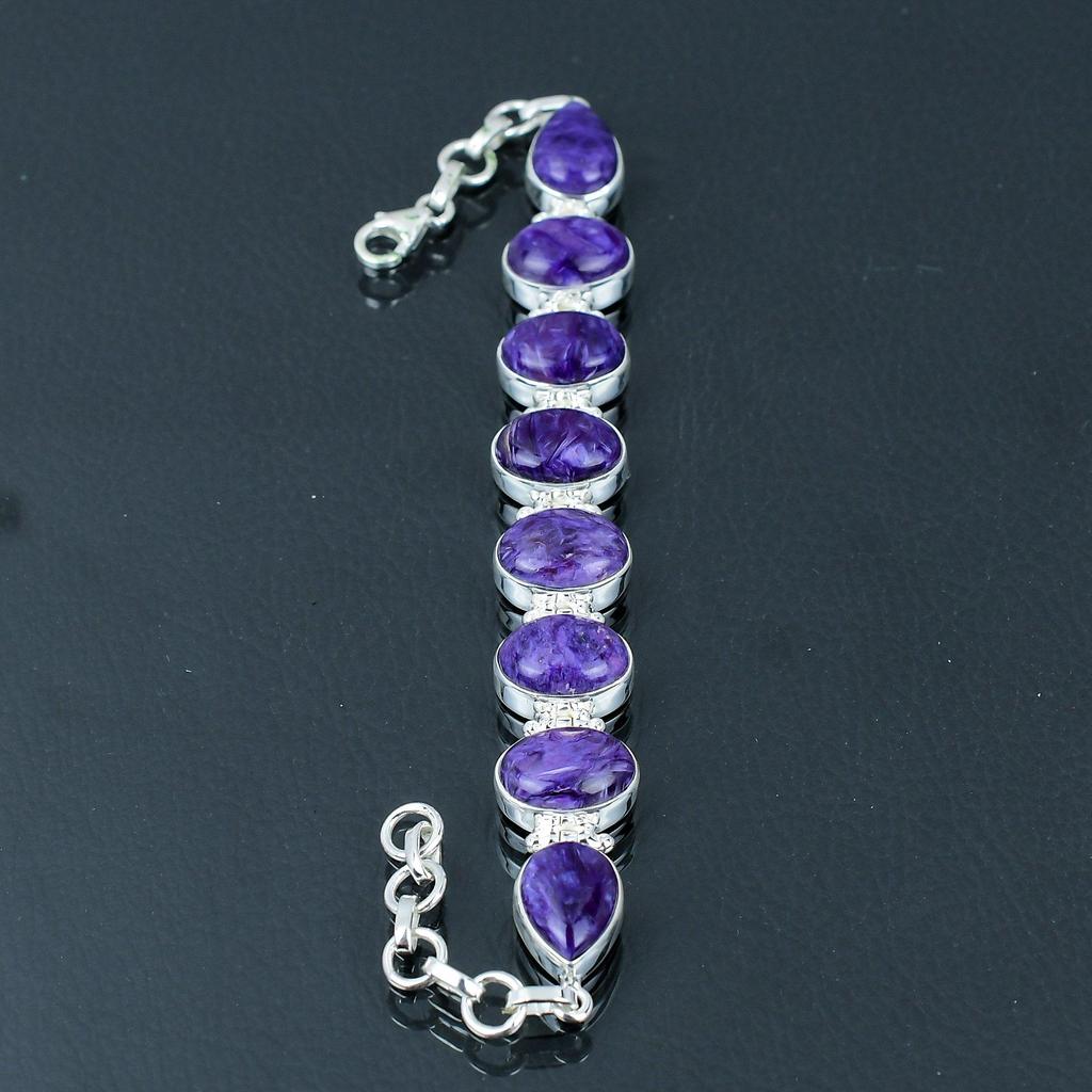 Natürliches Charoit-Edelstein-Armband, massives 925er Sterlingsilber, Gliederarmband, handgefertigtes Armband, Schmuckgeschenk zum Valentinstag