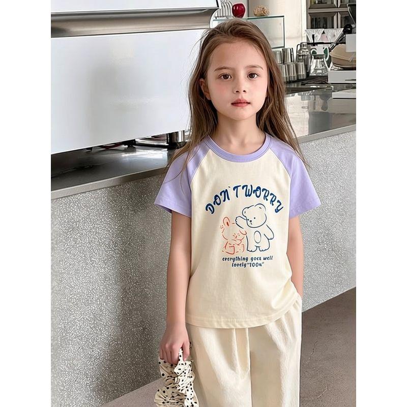 Foreign Trade Children's Clothing 2026 Summer New Style Girls' Cartoon Bear Korean Style Half-Sleeve Top Pure Cotton Round Neck Short-Sleeve T-Shirt