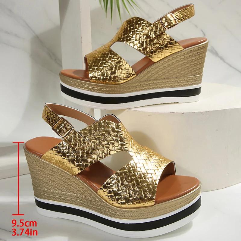 Gold Silver Wedge Heels Sandals for Women Summer Chunky Platform Gladiator Shoes Woman Fashion Thick Bottom Back Strap Sandalias