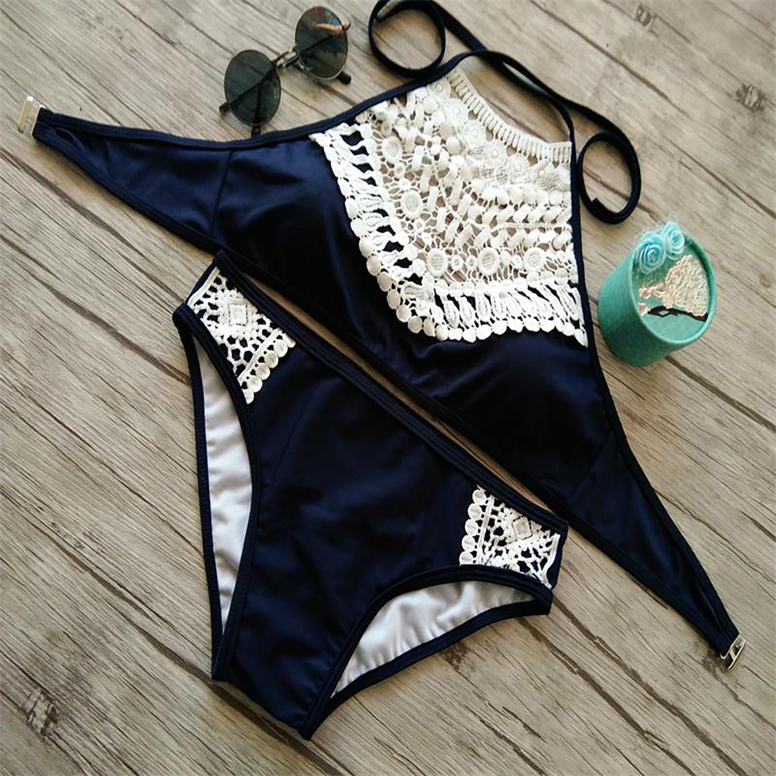 

Женские кружевные лоскутные мягкие купальники пуш-ап из 2 предметов, бикини, пляжная одежда M тёмно-синий