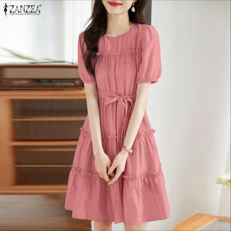 ZANZEA Women Casual Round Neck Summer Short Sleeve Dress