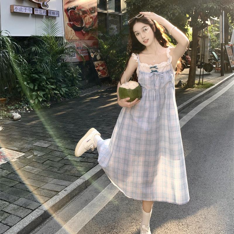 Salt Girl Plaid Dress Fake Two Pieces Summer Temperament Suspender Skirt Schoolgirl Sweet a Word Skirt