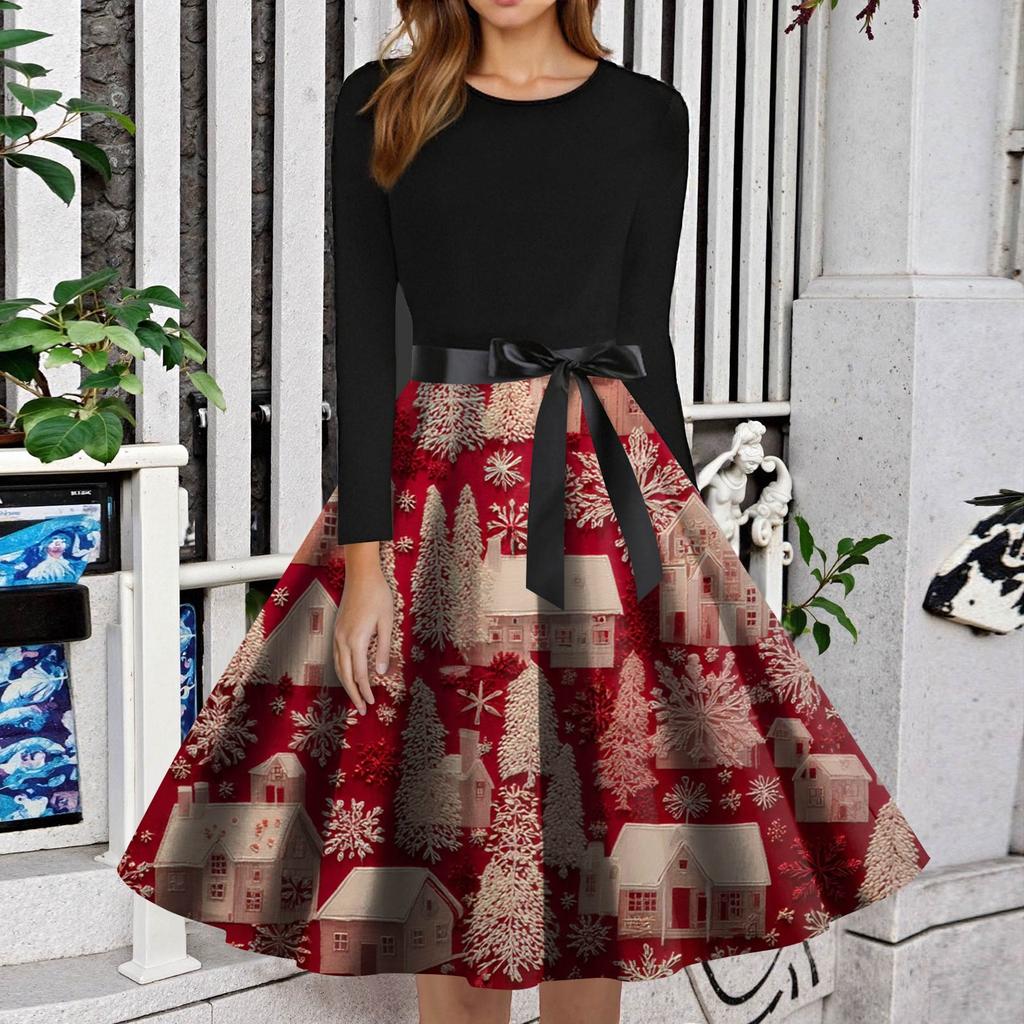 Women's Fashion Round Neck Slim-Fit Christmas Print Long-Sleeved Dress