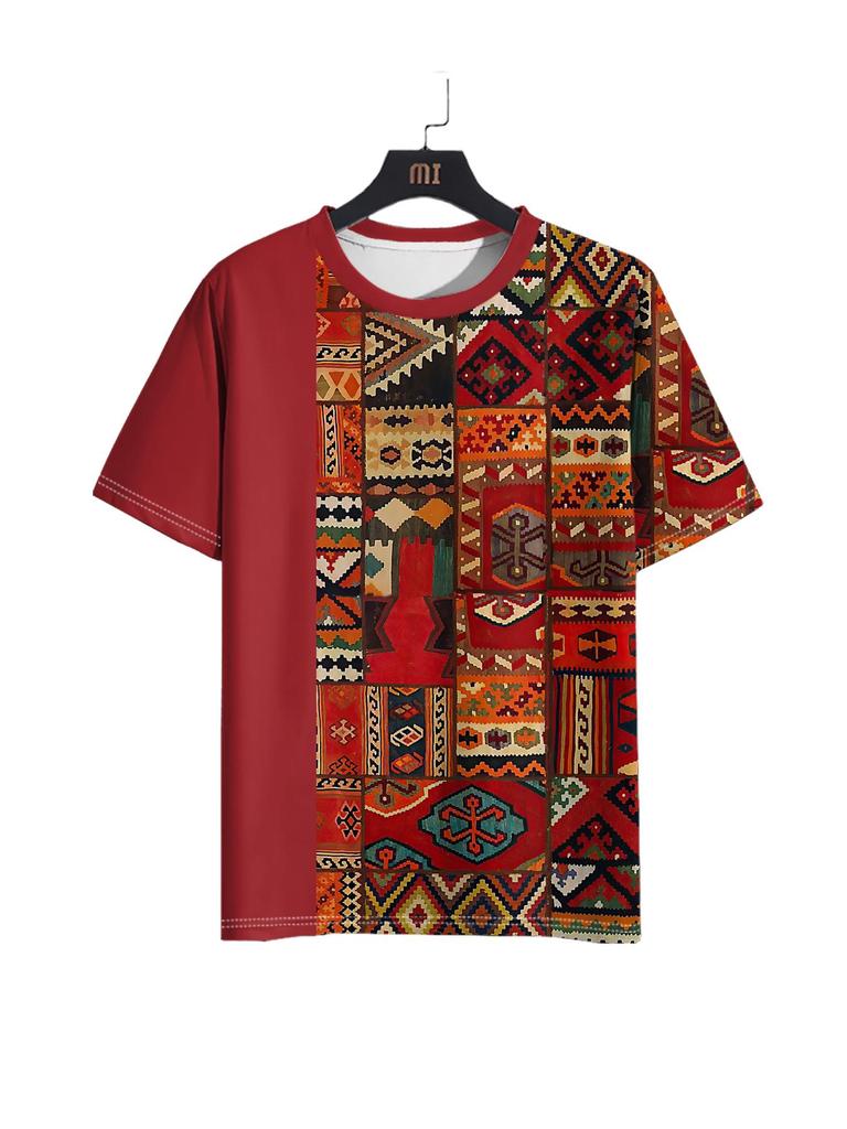 Vintage Ethnic Style Pattern Printed Men's T-Shirt Outdoor Casual Round Neck Short-Sleeved Tops Street Male Oversized Clothing