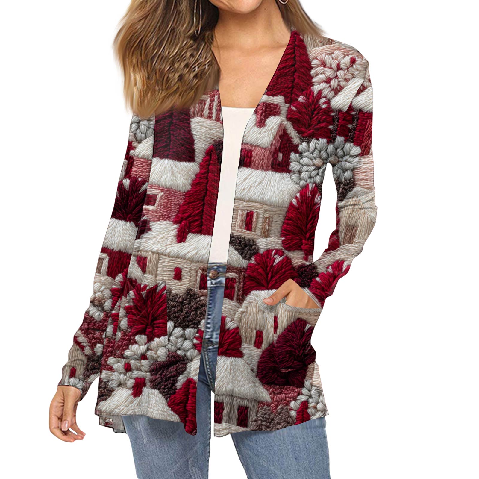 

Женский модный кардиган-пальто с длинным рукавом, карманами, приталенного силуэта и рождественским принтом XL винный