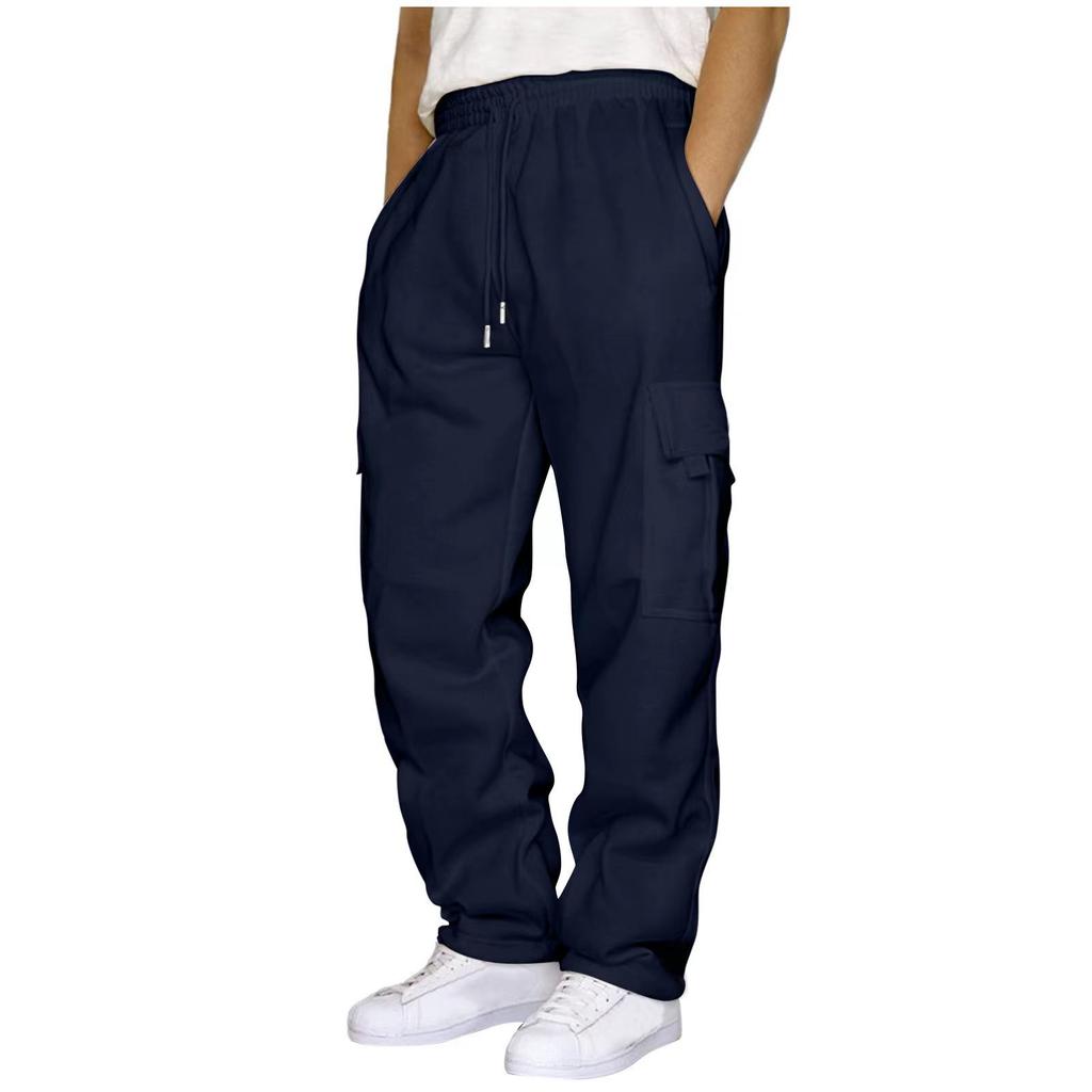 New Sports and Leisure Trousers, Fleece Tied Feet, Multi-pocket Tethered Men's Loose Overalls