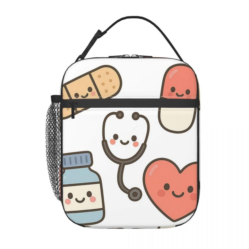 Kawaii Doctors Nurse Enfermera Doctor Pattern Insulated Lunch Bag for Women Kids Leakproof Food Boxes Thermal Lunch Box Tote