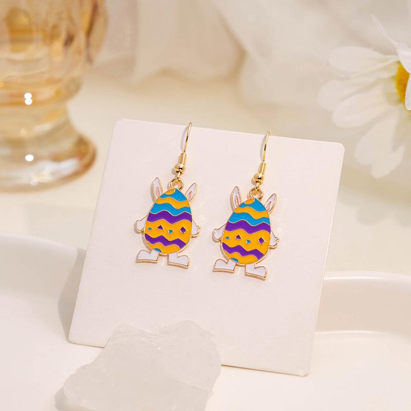 Creative Personalized Easter Egg Earrings, Cartoon Oil Drip Resurrection Rabbit Contrasting Color Splicing Earrings Female