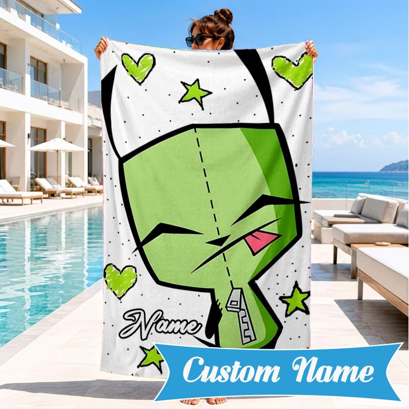 Custom Name Cartoon Alien Heart In Space Adventure Microfiber Beach Towel, Lightweight for Summer Travel, Swimming Pool Fan Gift