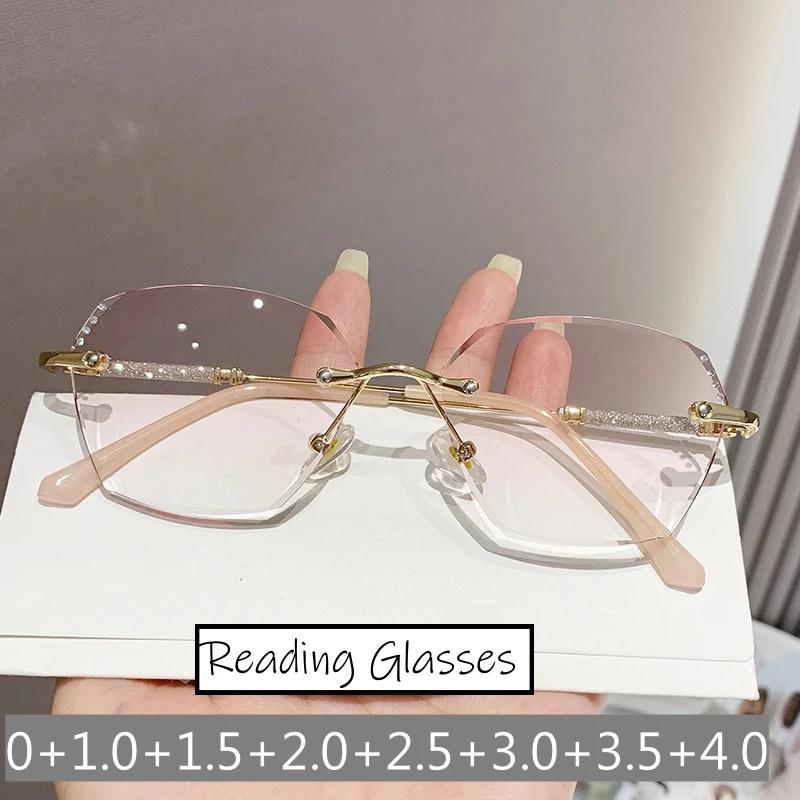 Damen Modische Diamantschliff Blaulichtblockierende Lesebrille Retro Randlose Brille Unisex Weitsicht Verlauf