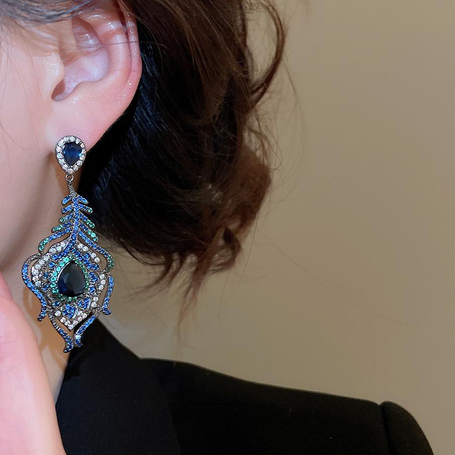 Silver Needle Zircon Water Drop Feather Stud Earrings: Luxury Retro Fashion for Women