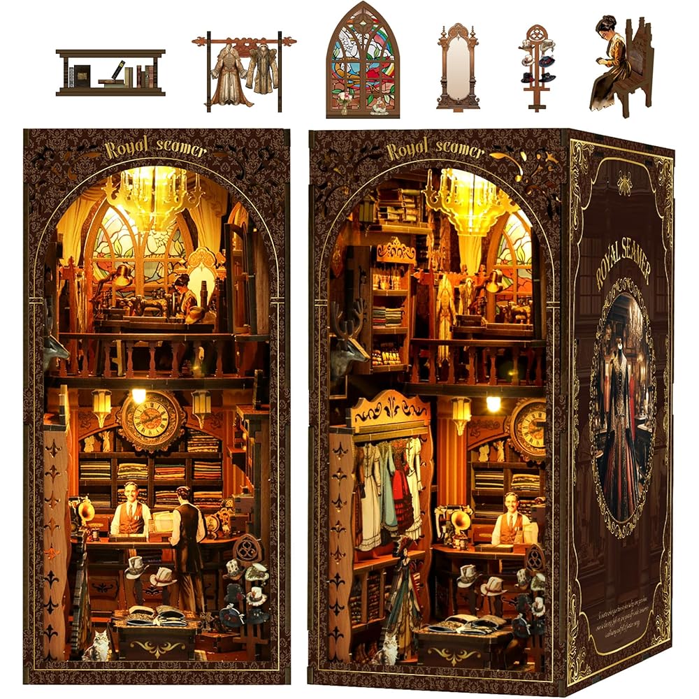 CRESYMME Miniature Dollhouse Book Nook Kit Wooden DIY Craft 3D Model