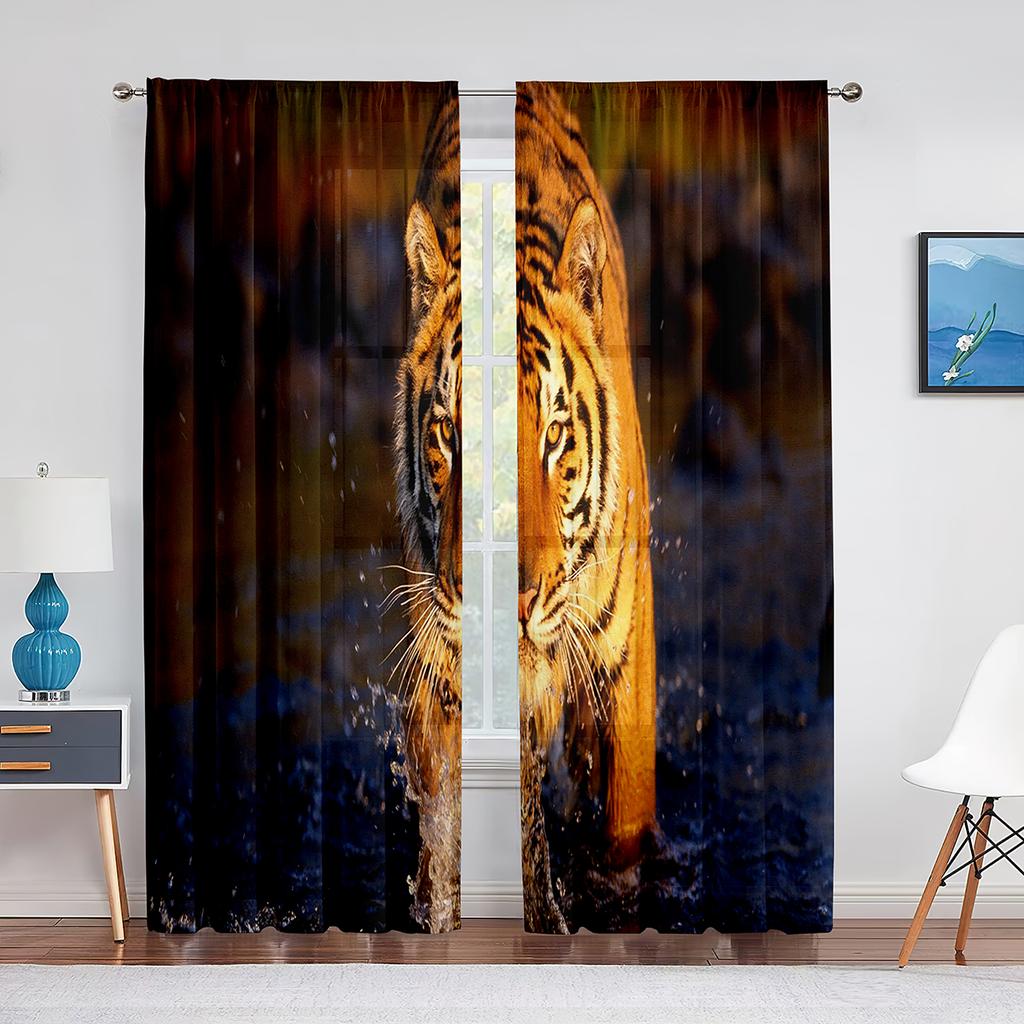 Grauer Tigerkopf-Vorhang mit Wildtier-Motiv, transparenter Voile für Schlafzimmer, Wohnzimmer, Hoteldekor, Küchenfenster, Chiffon-Tüllvorhang