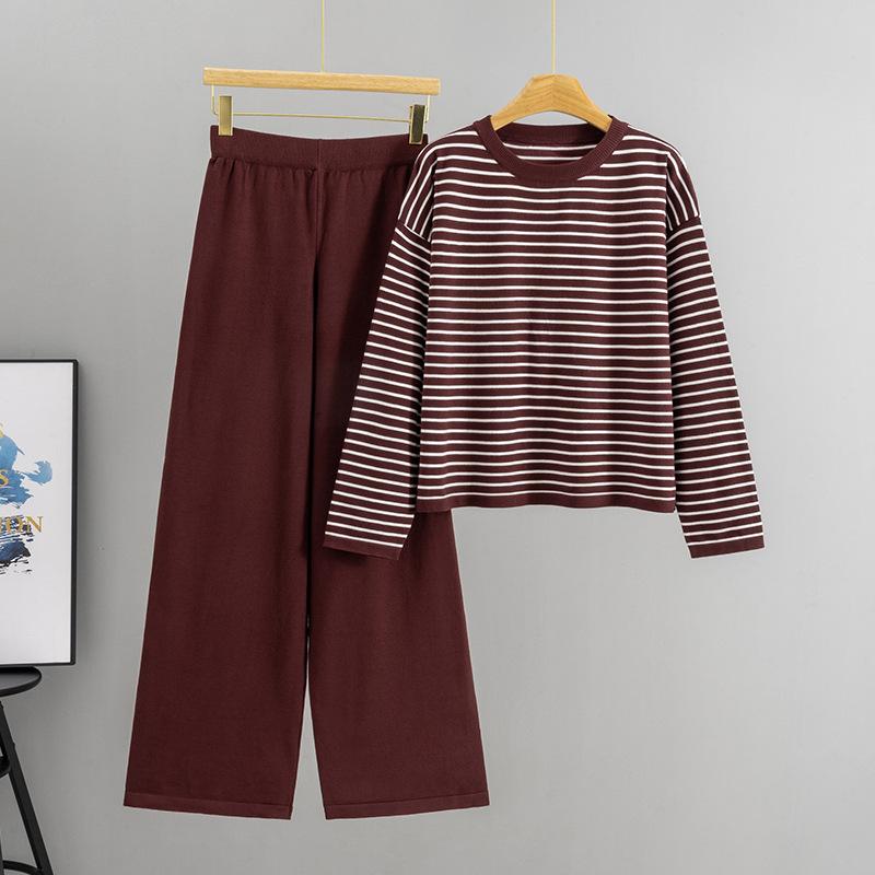Spring and Autumn's New Fashion Set: Women's Round-neck Striped Sweater, Wide-leg Pants, Loose, Casual and Elegant, A Lazy Person's Outfit