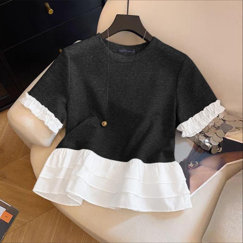 

ZANZEA Женские повседневные футболки с круглым вырезом, свободные, пэчворк, с коротким рукавом 4XL чёрный