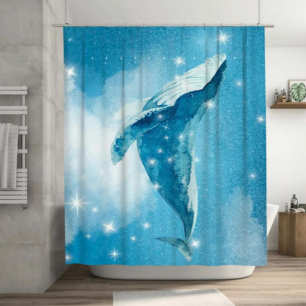 Blue Ocean Whales Shower Curtain Fabric Waterproof Decor Bathroom Liner for Home Bath Decoration Blue/White