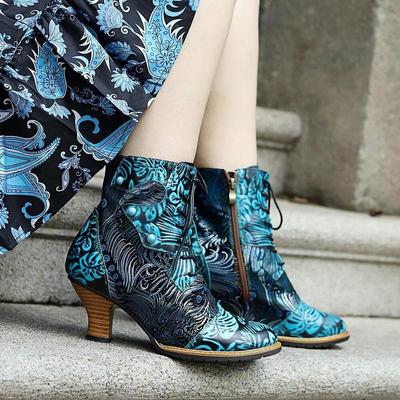 Salto Alto Estampado de Couro Genuíno Retrô Moda Confortável Botas Curtas Femininas
