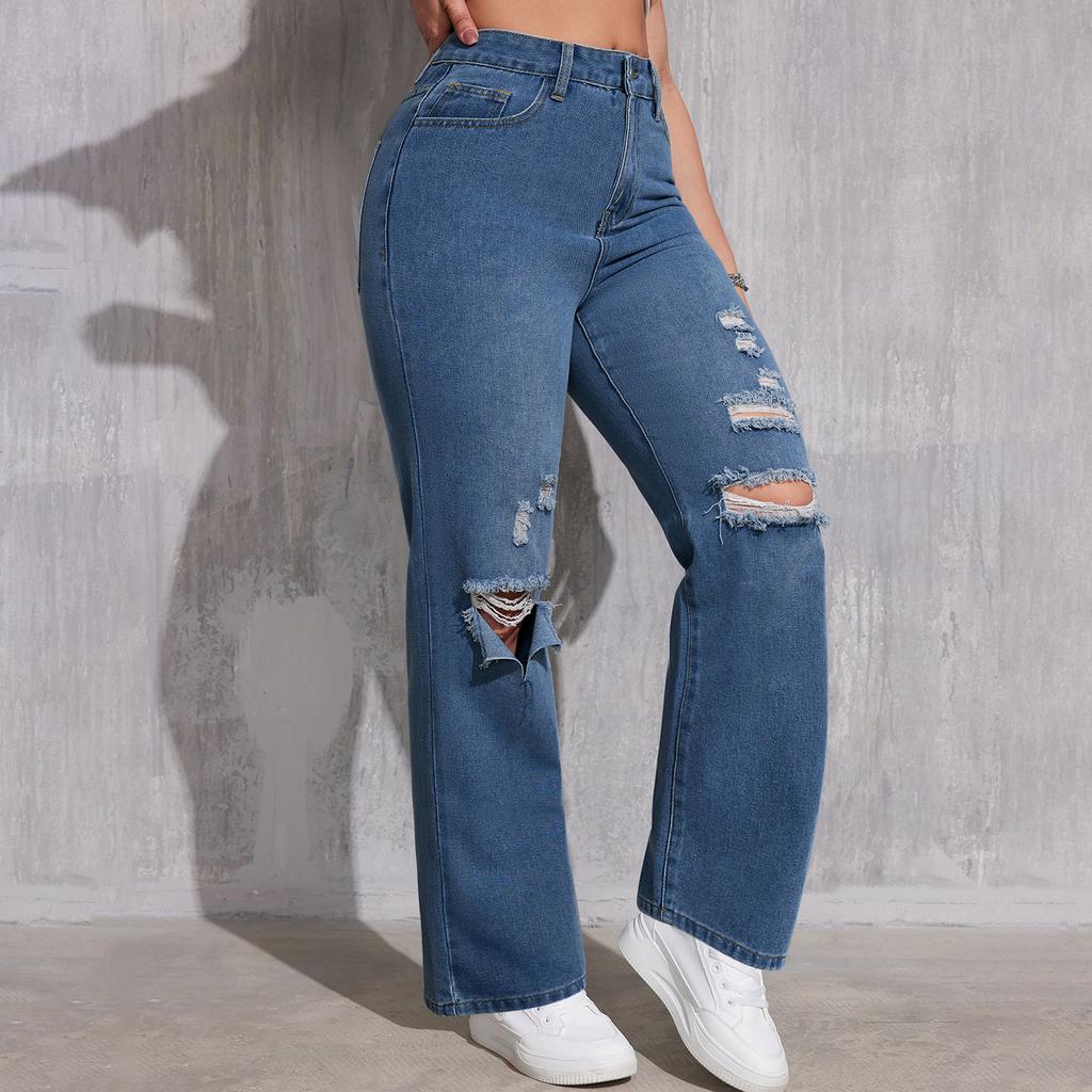 Women's High Waist Washed Women's Jeans Fashionable Versatile Straight Leg Pants