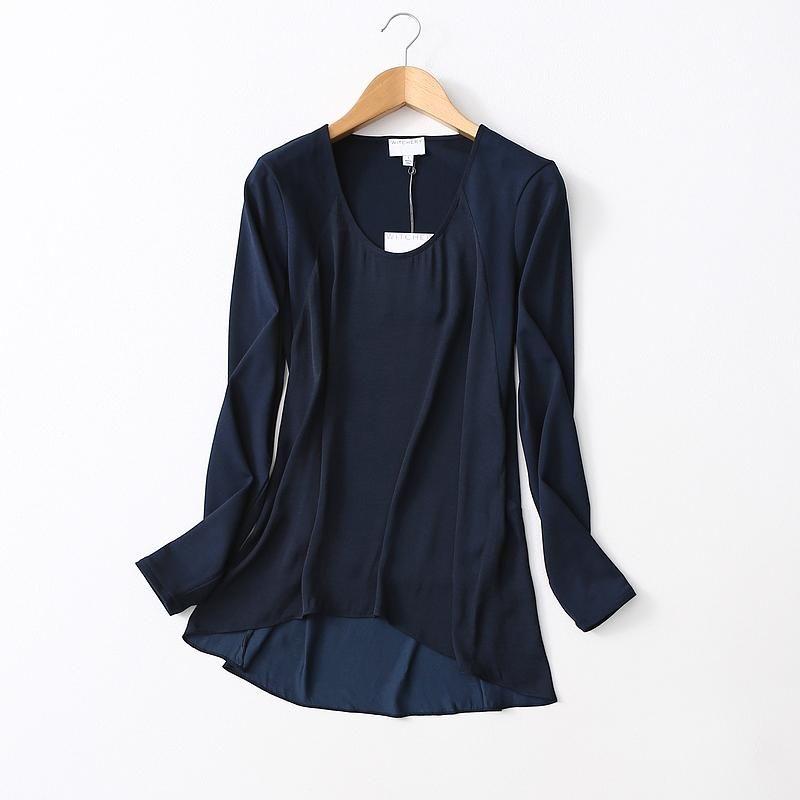 Foreign Trade Export Whole Order Imitation Satin Patchwork Drape Comfortable Long Sleeve Round Neck Pullover Bottoming Shirt Women's T-shirt
