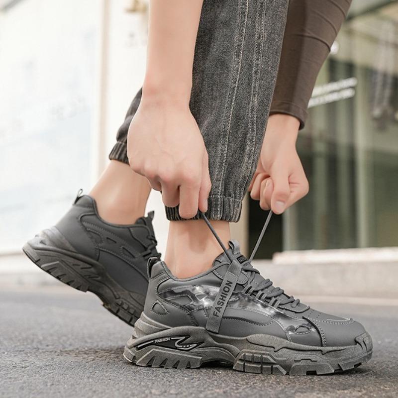 Men Leather Chunky Dad Sneakers, Breathable Fashion Student Work Casual Athletic Shoes