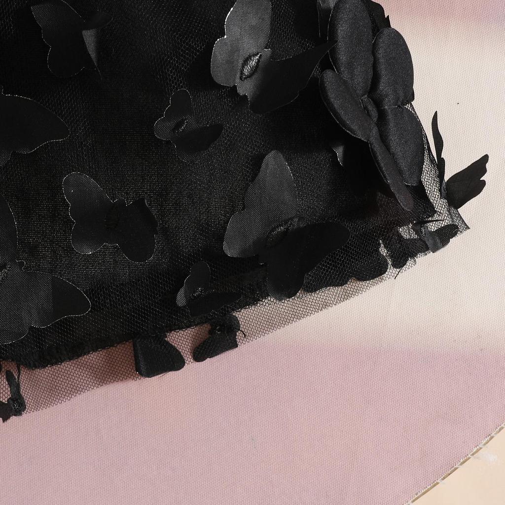 Knitted Butterfly Mesh Patchwork Dress with Ruffle Lace & Long Sleeves