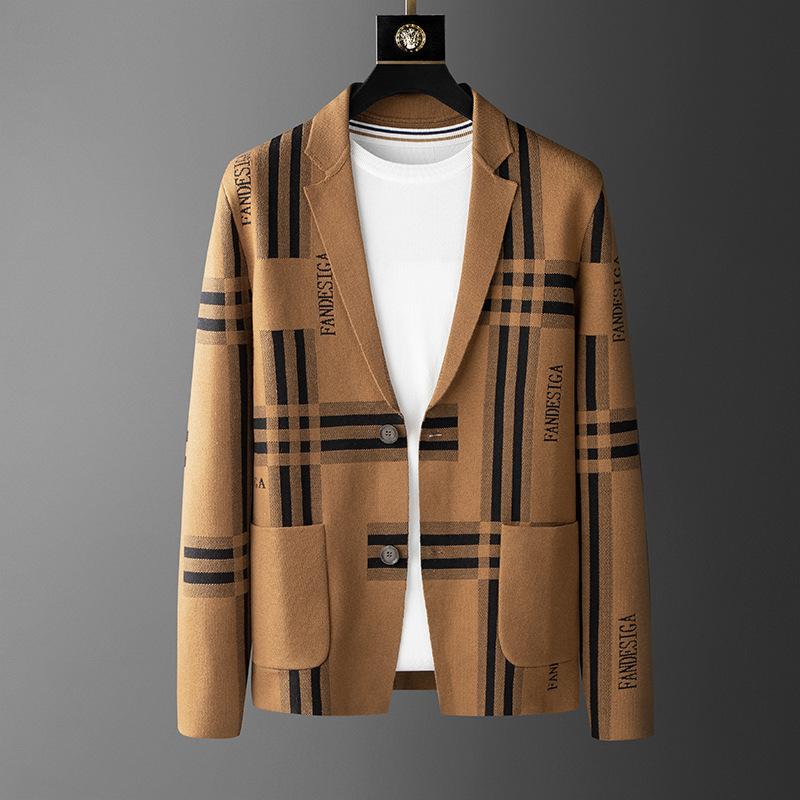 

Мужской шерстяной кардиган с воротником на весну и осень, новый модный повседневный трикотажный принтованный свитер, куртка для молодежи и людей среднего возраста M